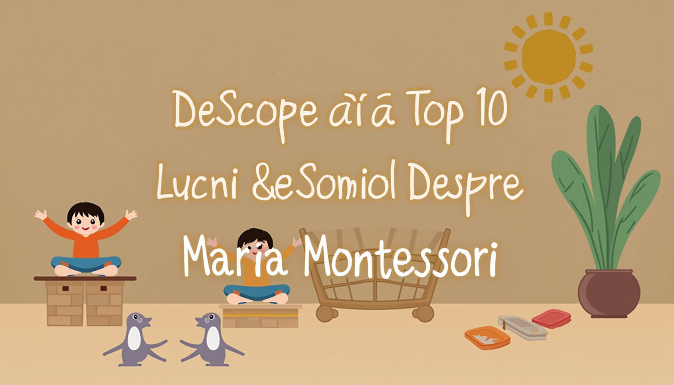 Ilustrație cu Maria Montessori și copii într-un mediu Montessori, simbolizând educația și libertatea de explorare.