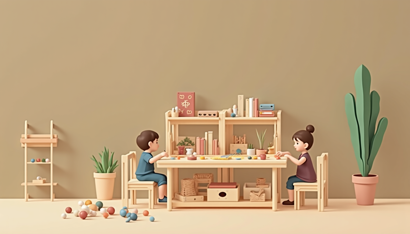 Copii explorând materiale Maria Montessori într-o sală de clasă Montessori